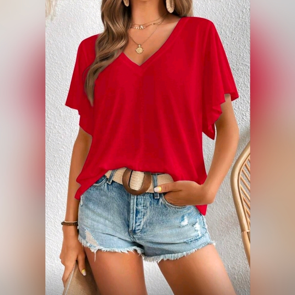 New Chic Casual V Neck Flutter Sleeve Tee Shirt Red